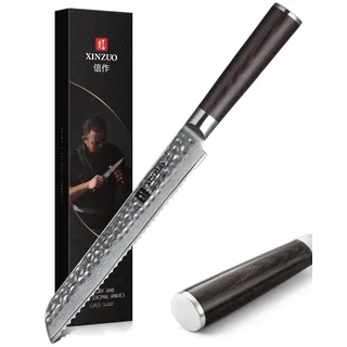 XINZUO 67 Schichten Damaststahl Hammerfinish Brotmesser -Pakkaholz Griff | 20cm Tortenmesser, scharfes und haltbares gezacktes Messer professionelles Küchenmesser für alle Arten von Brot und Kuchen
