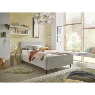 Stella Trading Polsterbett 140x200 Peach in Cord-Optik, Bettgestell mit gepolstertem Kopfteil & Holzfüßen, modernes Stoffbett, ohne Matratze & Lattenrost, Silber