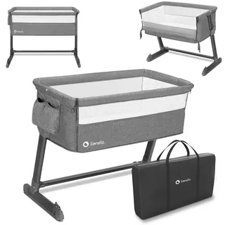 Lionelo Theo 2in1 Baby Bett, Reisebett Baby, Beistellbett Baby ab Geburt bis 9 kg, Höhenverstellung, Einstellung der Neigung, Faltbare Seitenwand, Matratze, Moskitonetz (Grau)