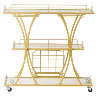 SucceBuy Barwagen mit 3 Ebenen, Servierwagen mit Glashalter, Weinregal und Griff, Rollwagen für Wohnzimmer, Esszimmer und Küche, Küchenwagen in Gold, 1000 x 350 x 940 mm