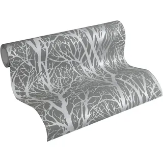 A.S. Création Vliestapete 10,05 m x 0,53 m mit modernem Waldmotiv - Silber, Grau - Mustertapete im Metallic-Look Made in Germany - 300943
