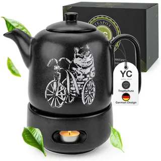 YC YANG CHAI Teekanne mit Stövchen - Keramik Schwarz Matt 1.3L - Teekanne mit Siebeinsatz - Tropffrei & Hitzebeständig - Handgefertigte Keramik Tee Kanne - langanhaltende Wärme - YC GATOLO