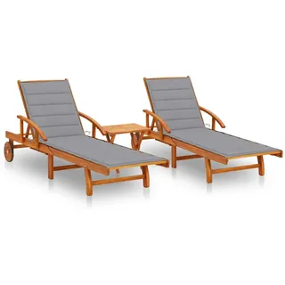 vidaXL Sonnenliegen 2er set Mit Tisch Und Auflagen Massivholz Akazie , Grau , Holz , Füllung: Polyester , Rechteckig , 40x40x40 cm , Gartenmöbel, Gartenliegen