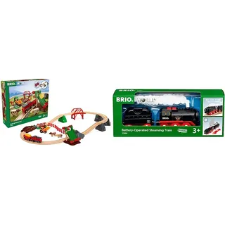BRIO 33984 - Bauernhof Set - Holzeisenbahn mit Bauernhof, Tieren und Holzschienen & World 33884 Batterie-Dampflok mit Wassertank