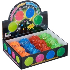 Relaxdays Igelball, 12er Set, blinkende Leuchtbälle in 4 Farben, mit Noppen, LED Flummis für Kinder, Ø 6,5 cm, bunt