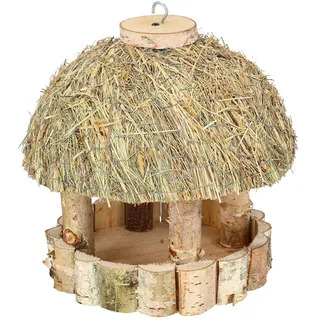 KOTARBAU® Vogelhaus zum Aufhängen - ⌀ 28 cm - mit Reetdach - Vogelfutterhaus aus Holz - Vogelhäuschen - Natürlich - Futterhaus - Gartendekoration