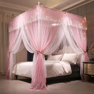 VETHIN Betthimmel mit 4 Ecken, mit Rüschen, doppellagig, gemütlich, Moskitonetz mit 4 Öffnungen, für Mädchen und Erwachsene, Schlafzimmer-Dekoration (Rosa/Weiß, 149,9 cm B x 208,3 cm L x 208,3 cm x