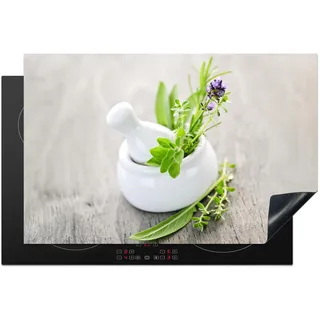 KitchenYeah© Herdabdeckplatte Einteilig Abdeckplatten Glaskeramikkochfeld | 80x52 cm - Abdeckung Glaskeramikkochfeld Herdplattenabdeckung Induktionsmatte Kräuter - Grün - Weiß - Gefäß