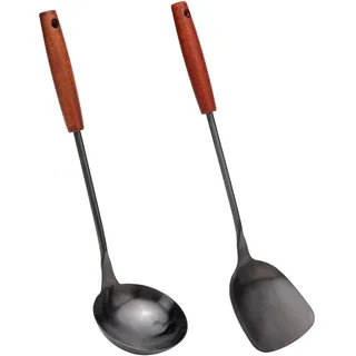 Wok Spatel-Löffel Kellet aus Pfannenwender und Schöpflöffel aus 304 Edelstahl, 36,2-38,1 cm