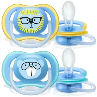 Philips Avent ultra air Schnuller - 2er Pack, BPA-freier, atmungsaktiver Schnuller für Babys ab 18 Monaten, inklusive Transport- und Sterilisationsbox, Löwe/Bär (Modell SCF349/14)