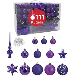 WOMA Christbaumkugeln Set Lila & 19 weiteren Farben - 111er Weihnachtskugeln Set inkl. Metallhaken - Weihnachtskugeln Kunststoff - Weihnachtsbaum Deko & Christbaumschmuck