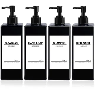 Roselee 4er Seifenspender Schwarz Set, 500ml Seifenspender Dusche, Kunststoff Pumpspender mit Trichter und Wasserdichten Etiketten Shampoo Spender für Küche Badezimmer Bad