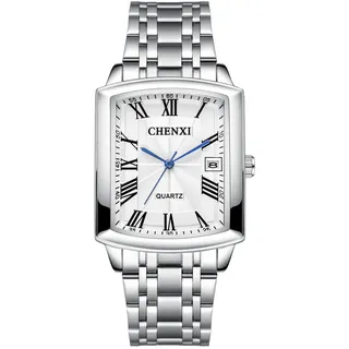 JewelryWe Uhren Herren Edelstahl Rechteckig: 30m wasserdichte Kalender Analog Quarz Armbanduhr Männer Silber Edelstahl Band Uhr Herrenuhr mit Weiß Rechteck Römischen Zahlen Zifferblatt