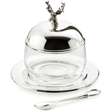 EDZARD Marmeladenglas Hirsch mit Unterteller und Löffel, edel versilbert, Höhe 11 cm, Durchmesser 10 cm