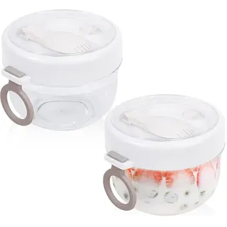 Herklotzn Overnight Oat Container mit Deckel und Löffel 2 Stück, 20Oz Tragbare Kunststoff Joghurt Töpfe, Auslaufsichere Dessertbecher Weiß