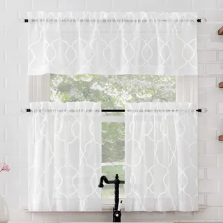 No. 918 Allerton Besticktes Rankgitter-Set, Lichtfilterstab, Küchenvorhang, Volant und Etagen, 132,1 x 61 cm, Weiß