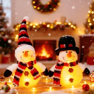 Weihnachtsdeko Schneemann Figuren mit LED Licht, 2 Stück Weihnachten Schneemann Weihnachtsdeko Innen Wichtel Figuren Weihnachten Tischdeko Geschenke für Weihnachts Kamin Büro Zimmer