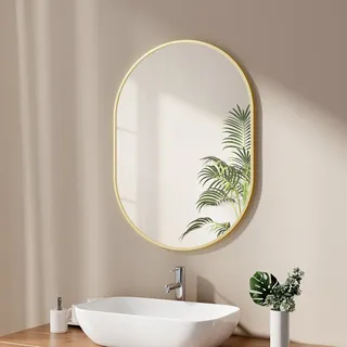 EMKE Badspiegel Oval 60 x 80 cm Spiegel mit Goldener Rahmen Wandspiegel Oval Horizontal/Vertikal Badezimmerspiegel Ovaler Spiegel Gold Dekorativer HD Wandspiegel für Badezimmer, Flur