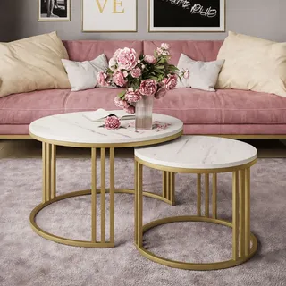 LORI LEVANTO 2in1 runder Couchtisch mit goldenem Gestell, Gold matt / marmor levanto - Gold