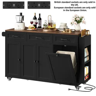 Kücheninsel mit Schrank - Rollwagen mit Stauraum und Mülleimer - Klappbare Arbeitsplatte - Holz - 135x40x88 cm - Schwarz