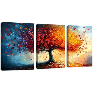 3 Pcs Orange Roter Lebensbaum Baum Leinwandbilder Bilder Set mit Rahmen, Abstrakt Bunte Schmetterlinge Bäume Wandbilder Bild Auf Leinwand Kunstdruck Zimmer Deko für Schlafzimmer Wohnzimmer 30x40cmx3