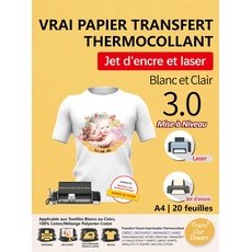 TransOurDream 20 Blatt x A4 Transferpapier für Textilien, Weiß oder Hell, 3.0 – Tintenstrahl- und Laser-Drucker, nicht Spiegeldruck, zum Aufbügeln, HTV Vinyl, personalisiertes T-Shirt, FR2-3.0-20