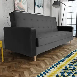 Schlafsofa im skandinavisches Stil Bamako Polstersofa mit Holzbeine Sofa mit Schlaffunktion Bettkasten Couch aus Velour, Farbe: Schwarz, Kronos 07 - Schwarz