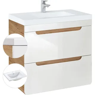 Waschtischunterschrank 61 cm mit Keramikbecken LUTON-56 Hochglanz weiß mit Wotan Eiche Nb. B/H/T ca. 61/63/46 cm - Weiß