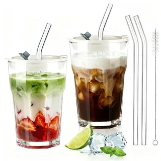 ecooe 2 Stück Glasbecher mit Deckel und Strohhalm 400ml Matcha Gläser Smoothie Becher Eiskaffee Glas, Luftdicht Wasserdicht Design Kaffeegläser Trinkgläser für Matcha Latte Saft Milch Tee Cocktail