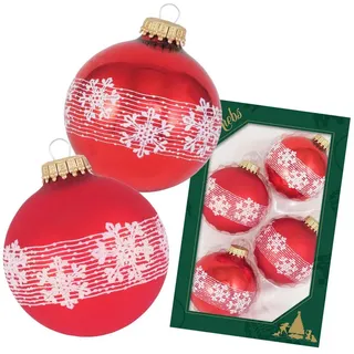 Krebs Glas Lauscha - Set mit 4 Christbaumkugeln in Rot und Weiß - Schneeflockenband - Größe: ca. 7 cm