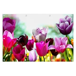 XXL Garten-Poster 120x80cm, wetterfestes Outdoor-Poster, Bild, Garten-Deko, Gartenbild, Wanddeko für draußen, Outdoor-Deko, Blumenwiese, bunte Tulpen, Frühling, Sommer