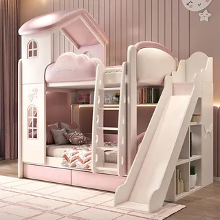 Etagenbett 244*340*410cm mit Lattenrost, Kinderbett mit Rutsche und Leiter, Hausbett mit Rausfallschutz, Doppelbett Rosa /HTFC/ - Rosa