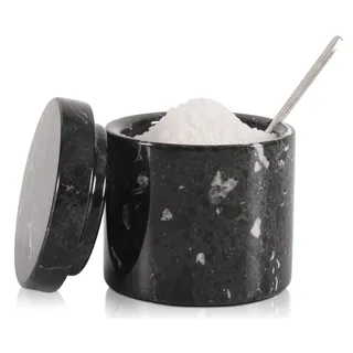SPESHSTONES Salzstreuer aus Marmor mit Deckel und Löffel von 7,6 cm handgefertigt - Kleine schwarze Gewürzbehälter - Dekorative Gewürzgläser, Zuckerdose und Salzstreuer für die