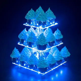 Ulifeme 3 Etagen Cupcake Ständer, Blau LED Lichterkette de Tortenständer Acryl für Hochzeit, Party, Geburtstag, Baby Duschen & Kuchen Dessert, Torten Etagere 3-stöckig, Quadrat Cupcake Stand