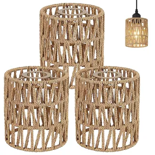 3 Stück Boho Rattan Lampenschirm Klein, Lampenschirm Rattan, E27 Lampenschirme, Papierlampenschirm für Stehlampe, Tischlampe, Pendelleuchten, Spiegelleuchten, Hängelampenschirme, 11,5 x 15 cm