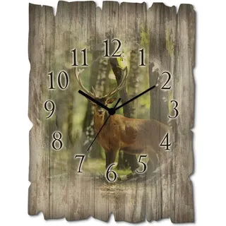 ARTland Holz Wanduhr Quarzuhr - schwarzer Zeiger Hirsch 4 - Wald Größe: 30x40 cm - Grün