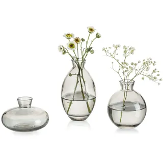 Glasseam Kleine Vasen für Tischdeko Handmade, 3er Grau Mini Vase Glas