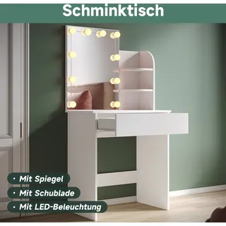 SONNI Kompakter Schminktisch Weiß, dreifarbige Glühbirne, einstellbare Helligkeit, 70 x 40 x 140 cm - Weiß