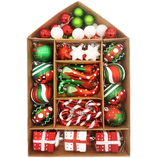 SVNVIOZ 70 Stück Weihnachtskugeln Set rot grün weiß, Christbaumkugeln Kunststoff Deko Weihnachten, Bruchsicher Weihnachtsbaumschmuck mit Aufhänger, Weihnachtsbaumkugeln für Weihnachtsdeko Innen Aussen
