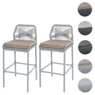2er-Set Rope-Barhocker HWC-O21, Outdoor Sitzpolster Seilgeflecht Metall ~ hellgrau, Kissen taupe