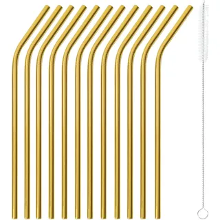 Paderno 41490G01 12 Trinkhalme gebogen 21,5 cm + Bürste aus Edelstahl AISI 304, Gold, Stahl 18/10