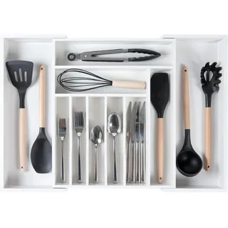 KitchenEdge Premium Besteck-, Tafelbesteck- und Küchenutensilien-Organizer für Schubladen, lebensmittelecht & in Profiqualität, ausziehbar von 37 bis 64 cm, weißer Bambus
