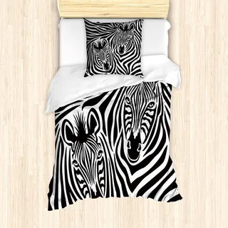 ABAKUHAUS Safari Mantele, Zebras Augen und Gesicht, Milbensicher Allergiker geeignet mit Kissenbezügen, 135 cm x 200 cm - 80 x 80 cm, Charcoal Grau Weiß