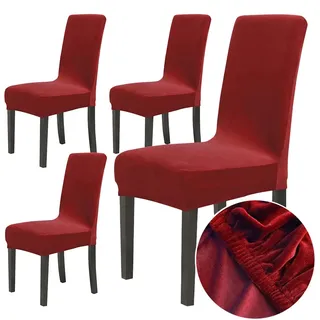 Chickwin Chickw1 Stuhlhussen 4er Set Samt Stuhlhussen für Schwingstühle, Esszimmerstühle Hussen Für Hochzeit, Hotel, Küche, Bankett, Partys Stretch Stuhlhussen (4er,Wein rot)