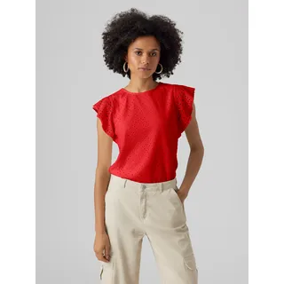 Rundhalsshirt VERO MODA "VMTASSA SL FRILL TOP NOOS", Damen, Gr. M, rot (fiery rot), Jersey, Obermaterial: 95% Polyester, 5% Elasthan, unifarben, loose fit normal, Rundhals, Shirts Rundhalsshirt, Materialmix, loose fit