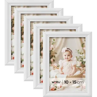 WOLTU Bilderrahmen 10x15, 5er Set Fotorahmen Holzrahmen mit Passepartout, zum vertikalen oder horizontalen Aufhängen/Aufstellen, Posterrahmen Collage Wanddeko, Weiß