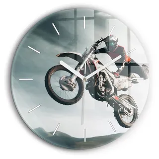 Wallfluent Große Wanduhr – Stilles Quarzuhrwerk - Uhr Dekoration Wohnzimmer Schlafzimmer Küche - Zifferblatt mit Striche - weiße Zeiger - 60 cm - Motorrad im Adrenalin-Stil - Grau