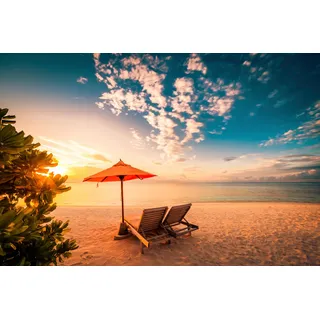 Papermoon Fototapete »PALMEN-STRAND-KARIBIK SÜDSEE MEER DÜNEN SONNE OZEAN XXL« Motiv, bunt