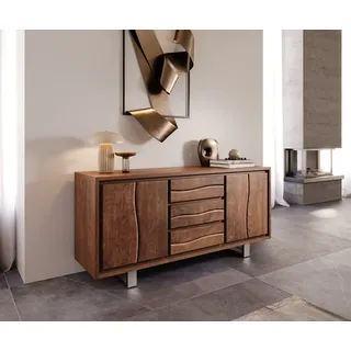 DELIFE Sideboard Live-Edge 172 cm Akazie Braun 3 Schübe 4 Türen - Braun, Silber