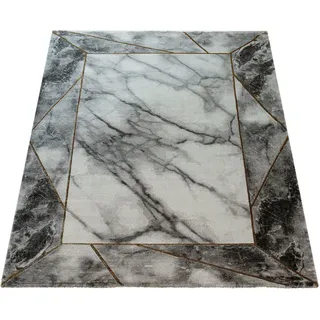 Paco Home Teppich Wohnzimmer Kurzflor, Marmor Design Bordüre, Geometrisch Grau Gold,